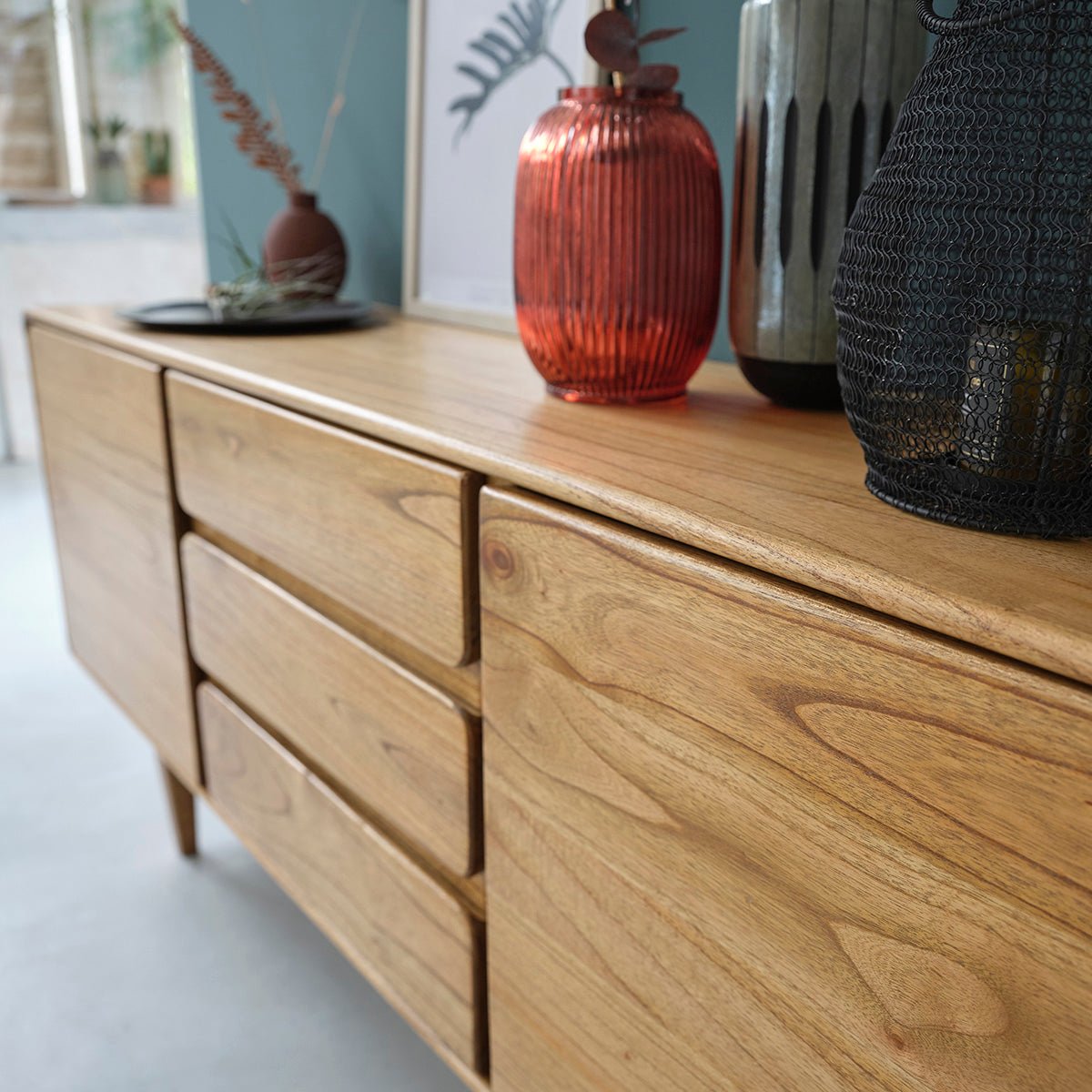 Commode en bois massif 180 cm 3 tiroirs 2 portes LISON naturel, BERAH GETAH