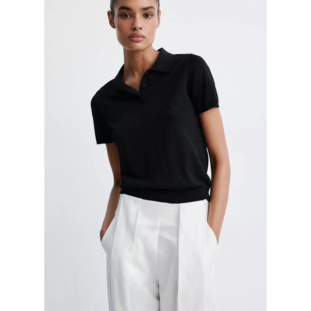Polo en jersey de maille fine noir, MANGO