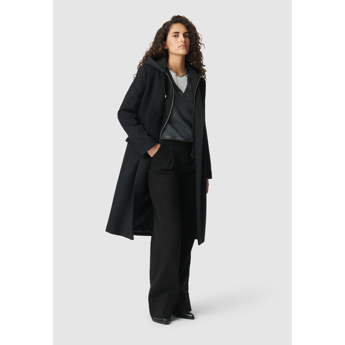 Manteau long parementure à capuche amovible noir, IKKS