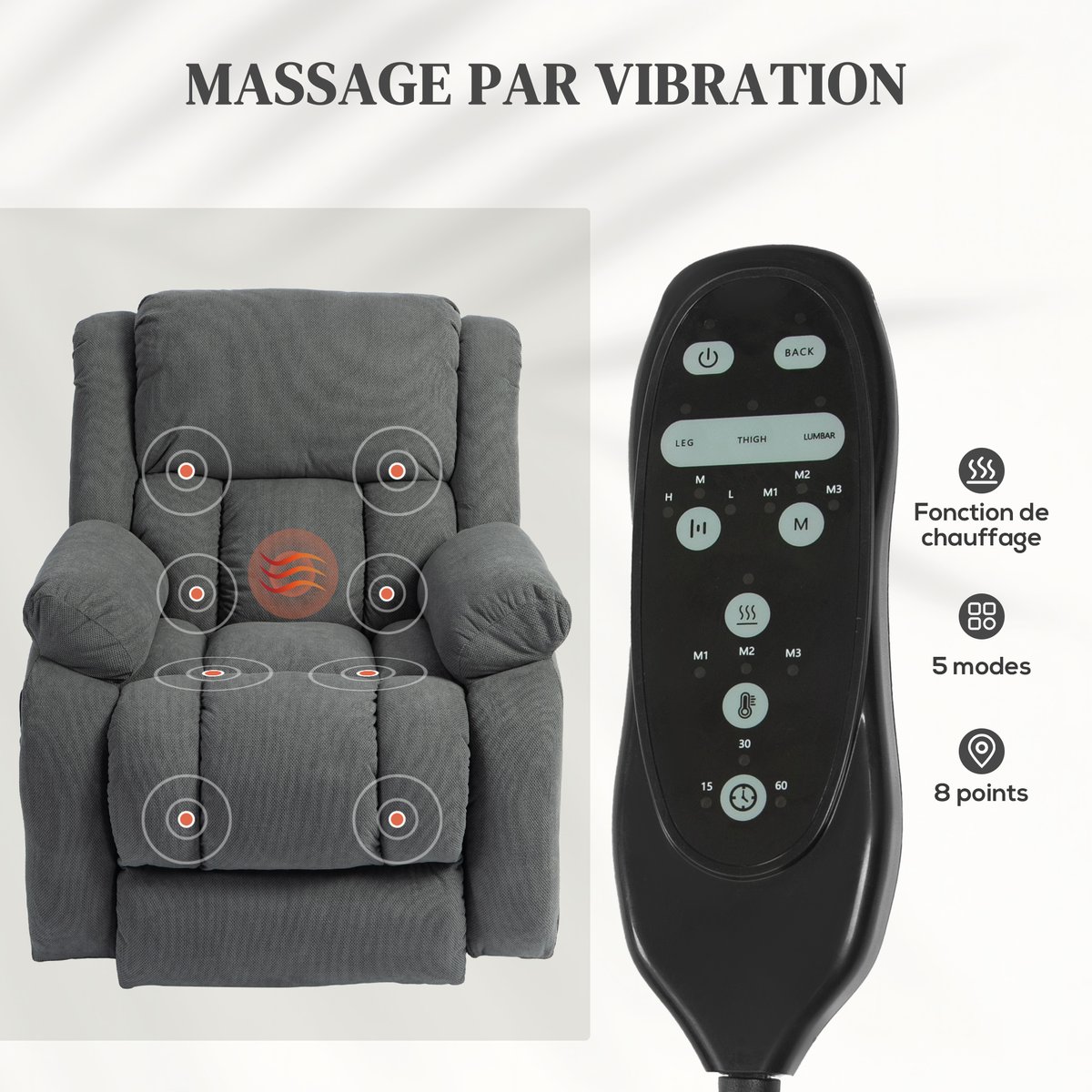 Fauteuil releveur multifonctionnel Velours gris, HOMCOM