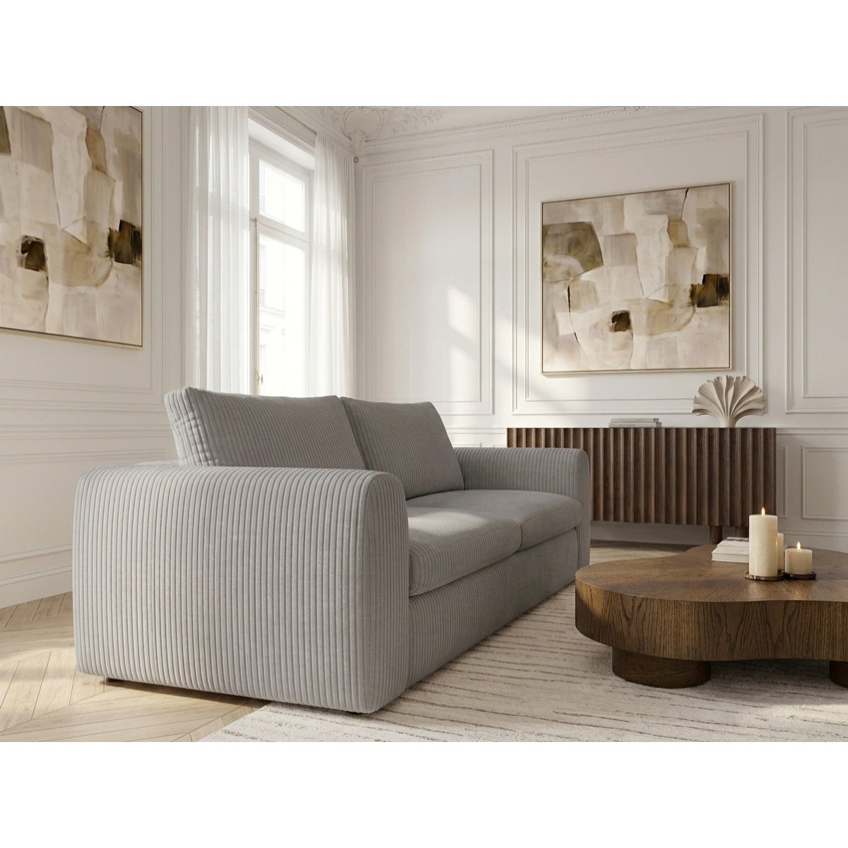 Canapé lit 3 places en velours côtelé couchage 140x190 cm, ARCHI gris, BOBOCHIC