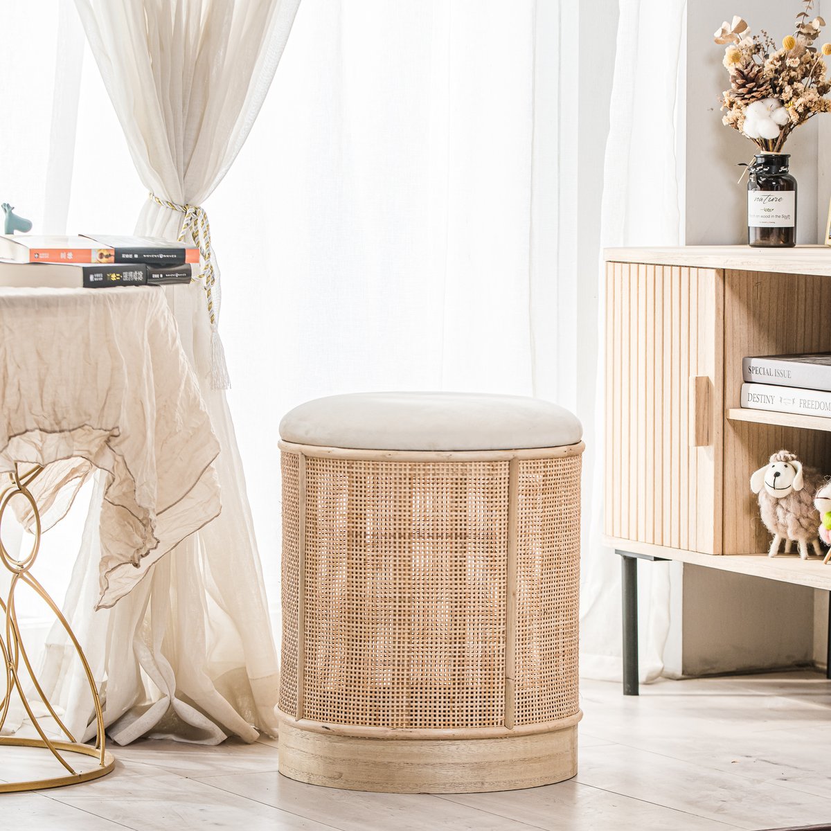 Pouf velours et rotin, CHUO beige, NORDLYS