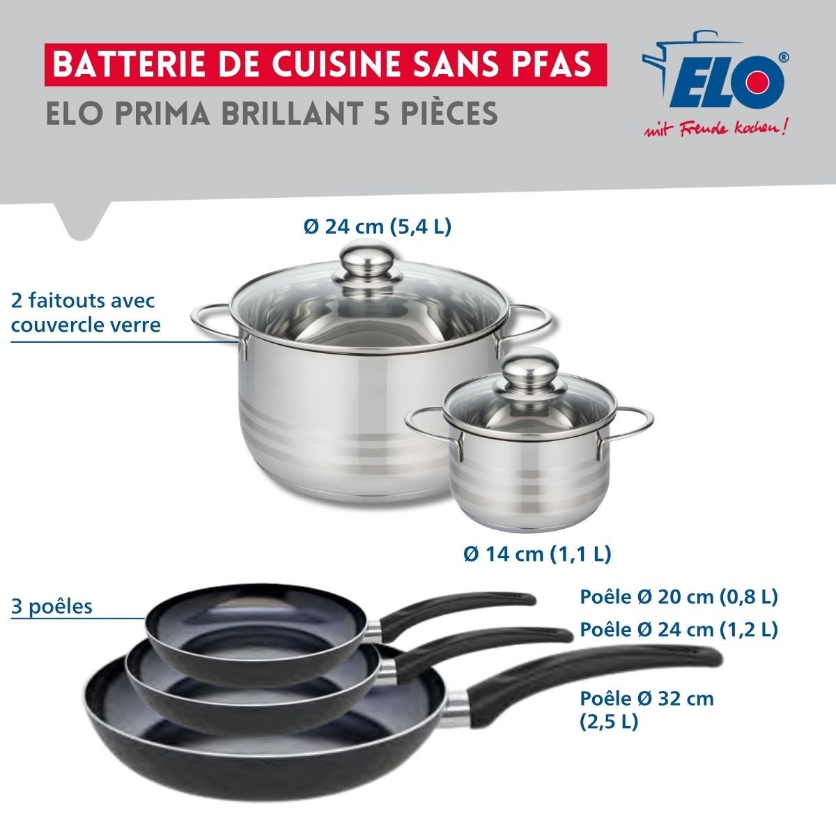 Batterie 3 poêles 20/24/32cm + 2 faitouts 14/24cm PRIMA BRILLANT noir, ELO