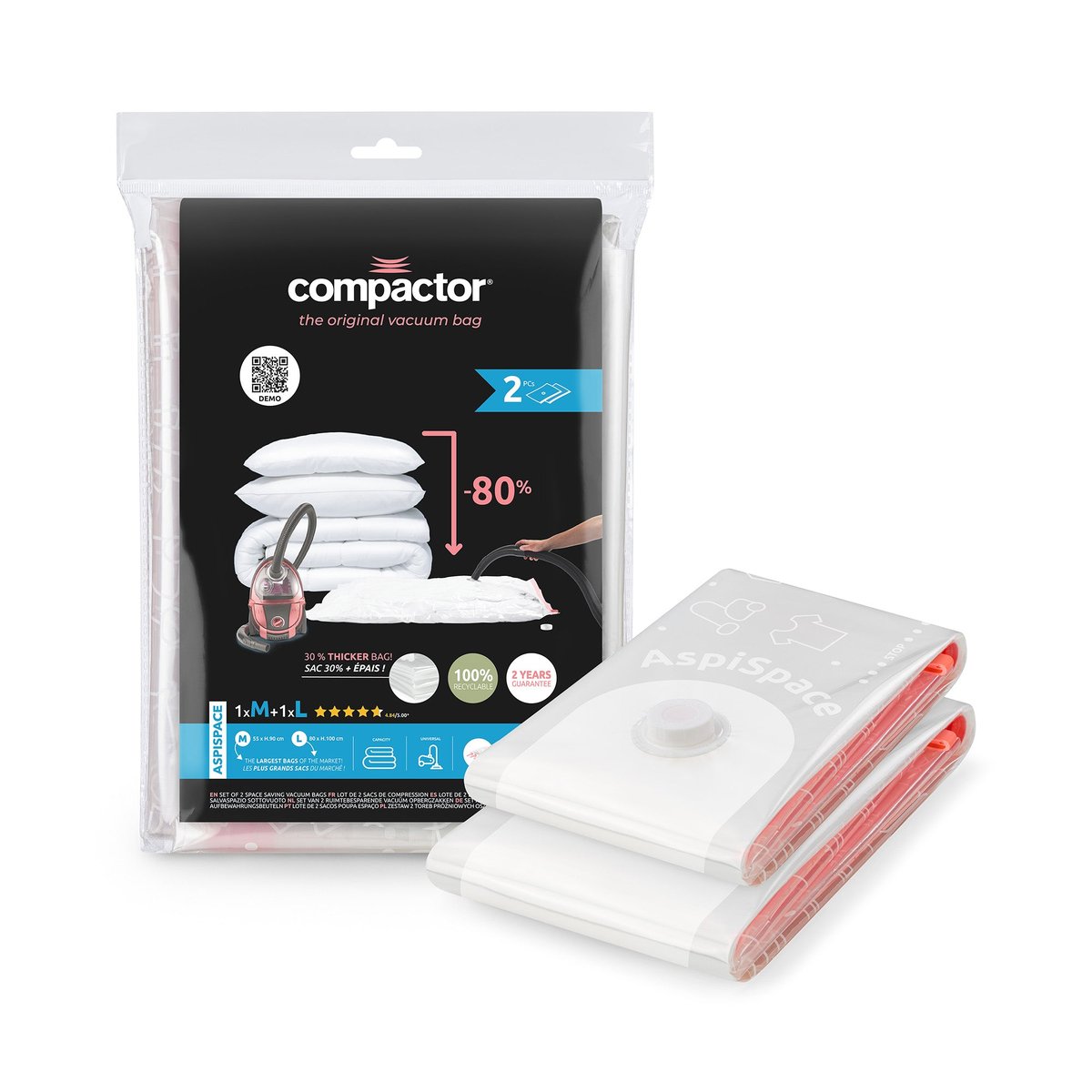 Lot de 2 sacs de rangement sous vide Aspispace Tailles+ L transparent, COMPACTOR
