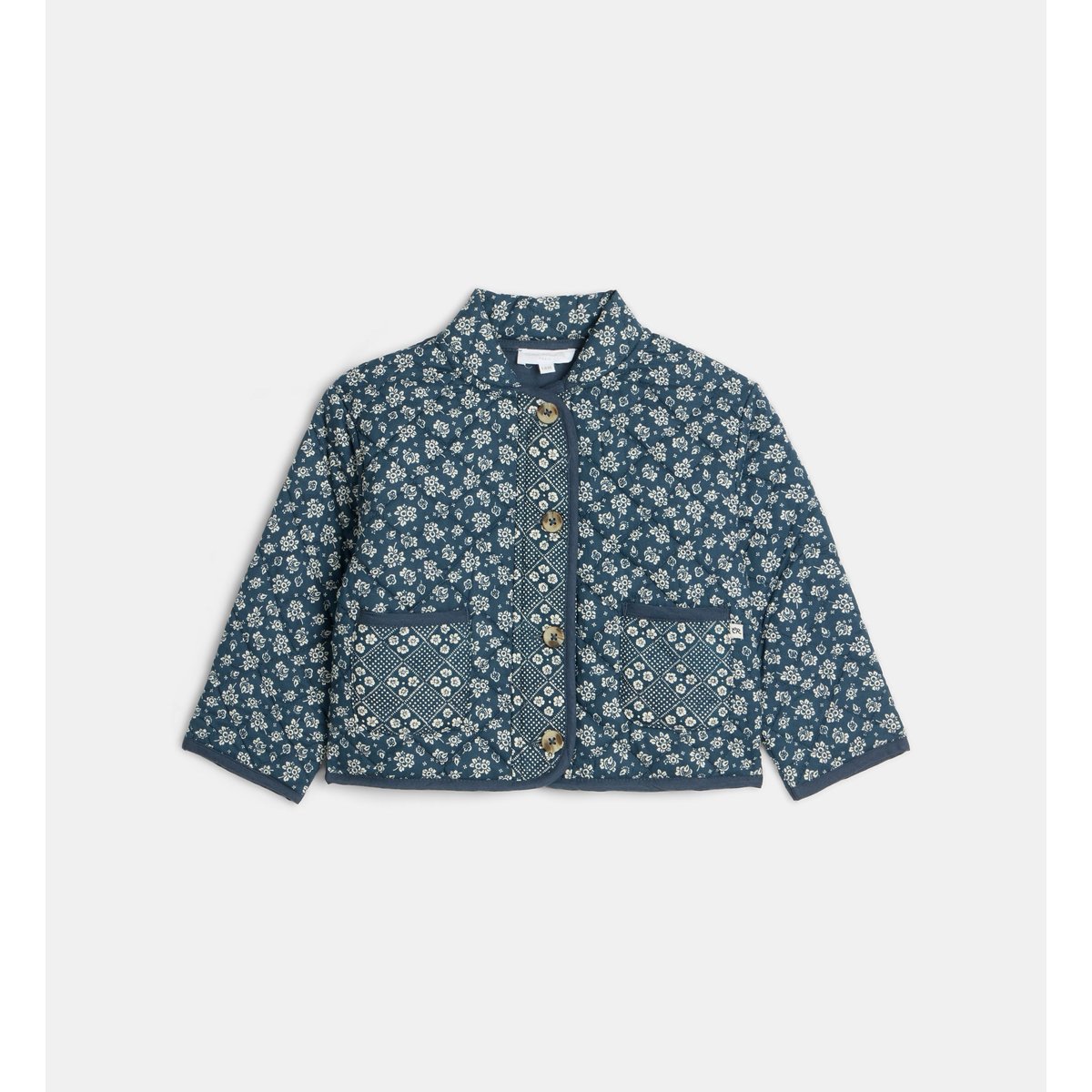 Veste matelassée talina florale popeline coton bleu et écru, CADET ROUSSELLE