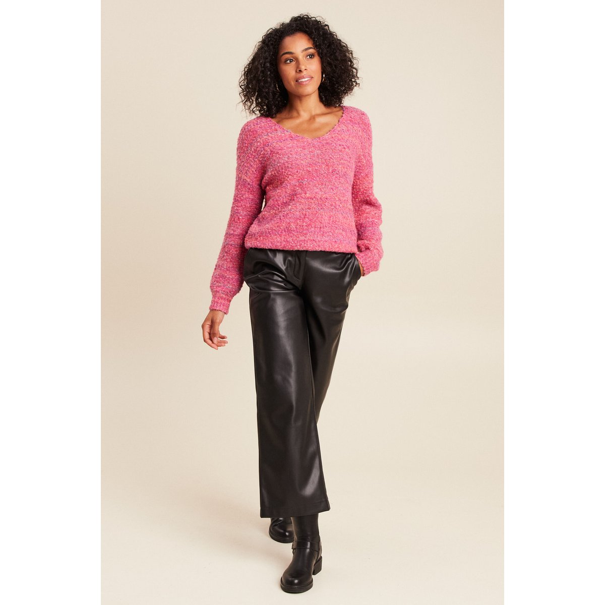 Pull col v manches longues rose fushia, BREAL