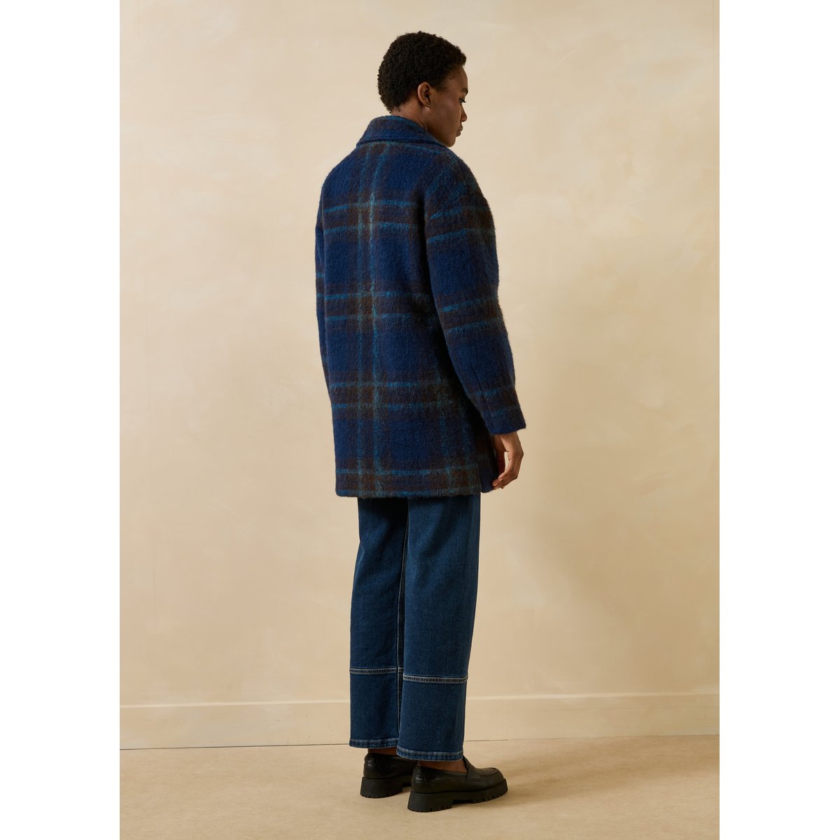 Manteau 3/4 à carreaux en lainage bleu, LA FEE MARABOUTEE