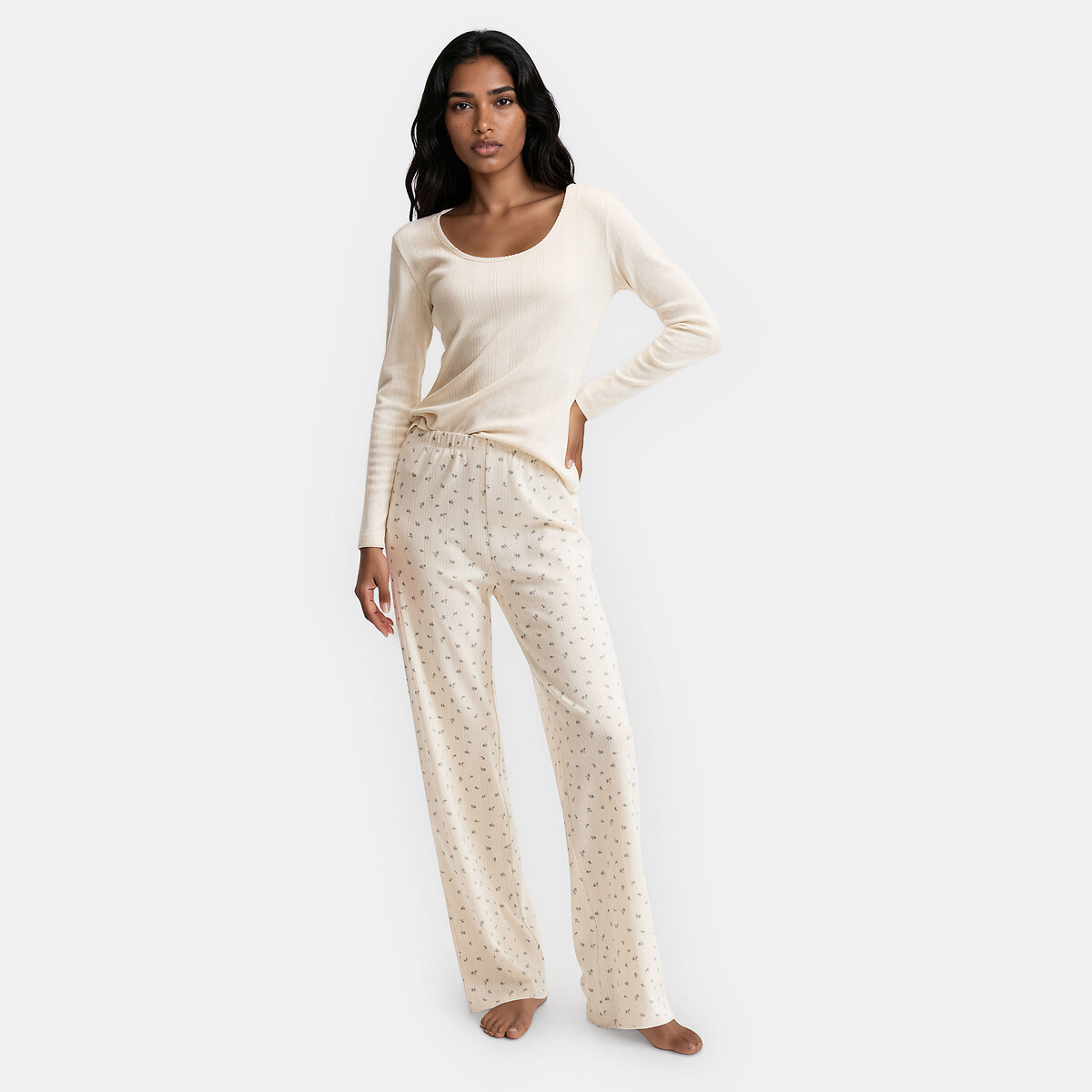Pyjama 2 pièces en maille pointelle imprimé fond ivoire, LA REDOUTE COLLECTIONS