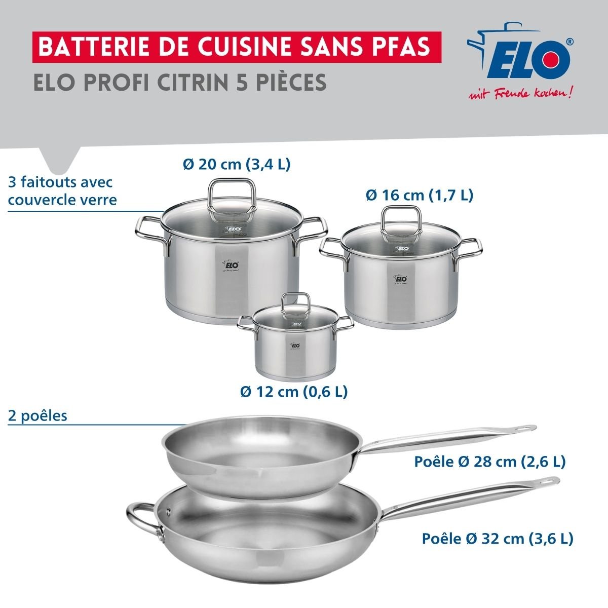 Batterie 2 poêles 28/32cm + 3 faitouts 12/16/20cm PROFI CITRIN inox, ELO