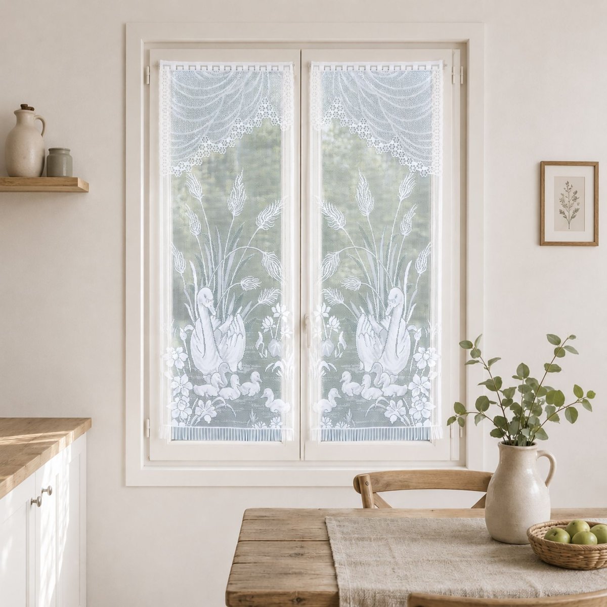 Paire de vitrages frangés en dentelle avec cygnes blanc, HOME MAISON