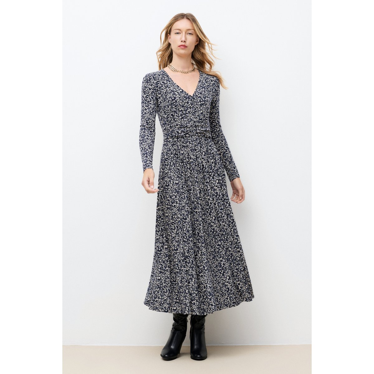 Robe fluide col v RSHANY bleu marine, CAROLL