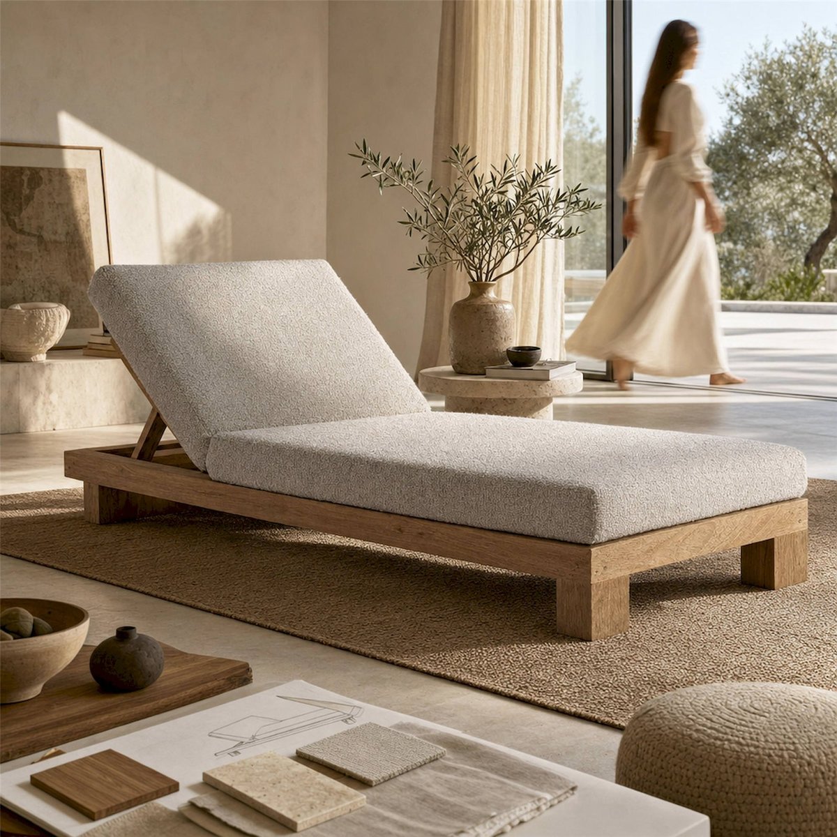Bain de soleil en teck collection S.TESTA bois naturel et beige, RECOLLECTION