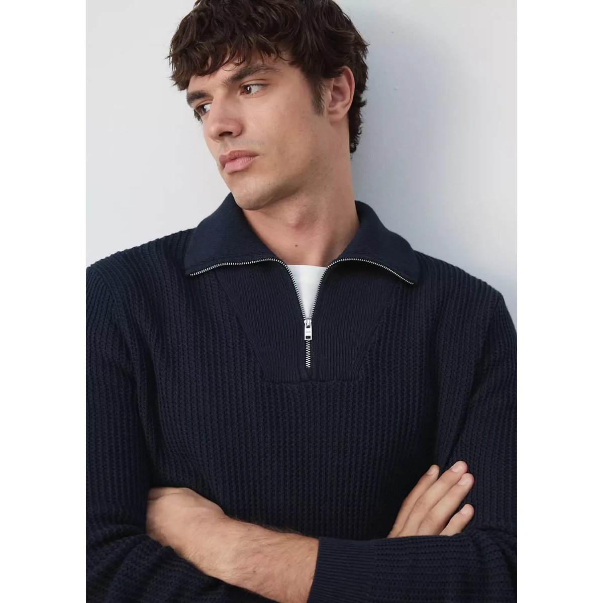 Pull polo 100 % coton côtelé fermeture éclair bleu marine, MANGO MAN