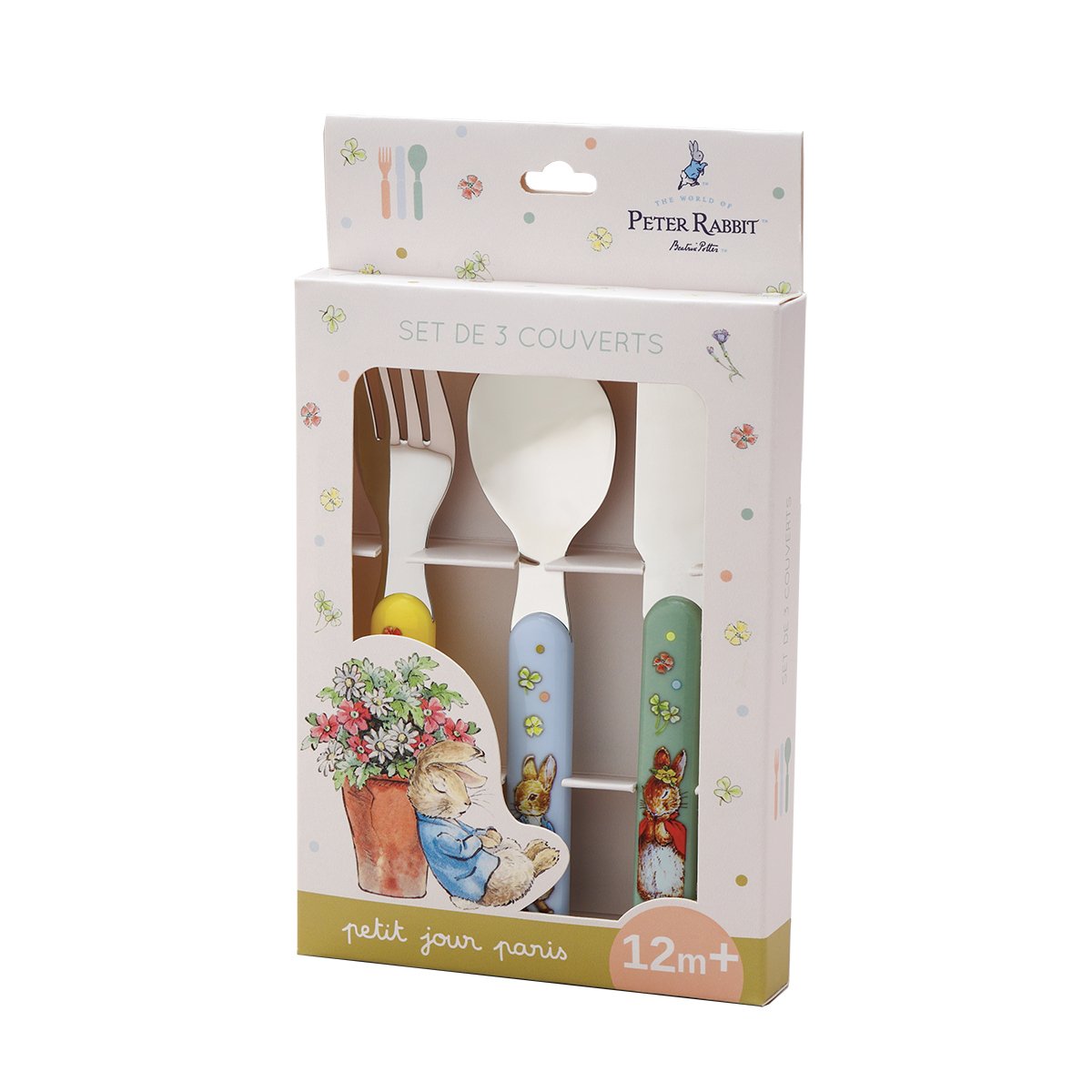 Set de 3 couverts PIERRE LAPIN bleu, jaune, vert., PETIT JOUR