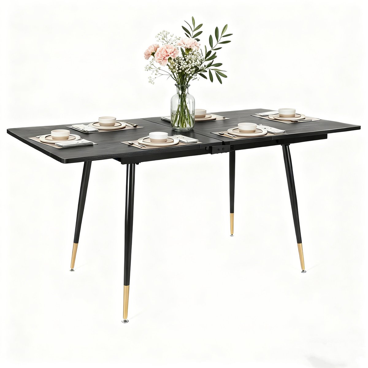 Table à manger extensible à allonge papillon intégrée, WHALEN noir, MEUBLES COSY