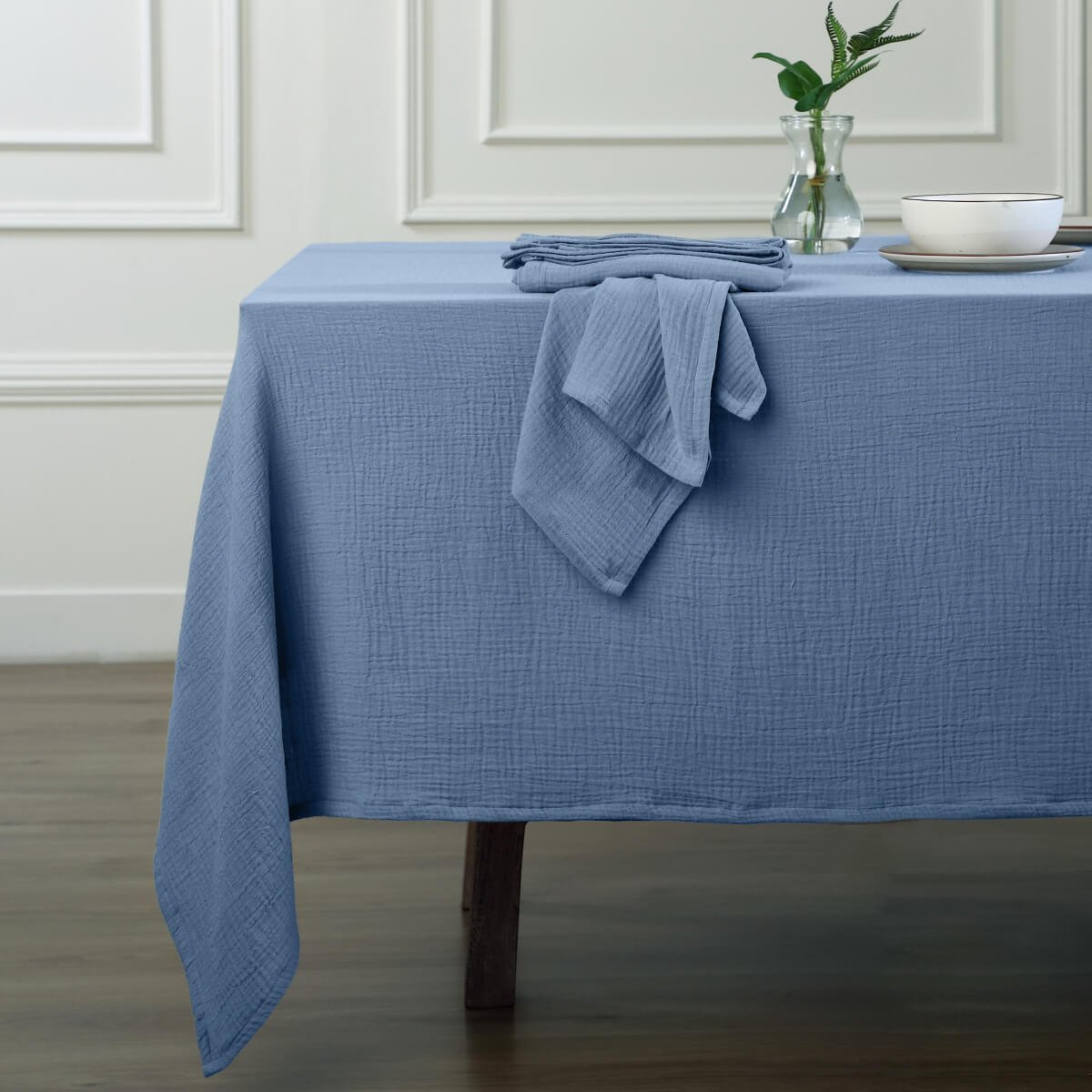 Nappe + 8 serviettes gaze de coton ALMA Made in Europe bleu, FEBRONIE
