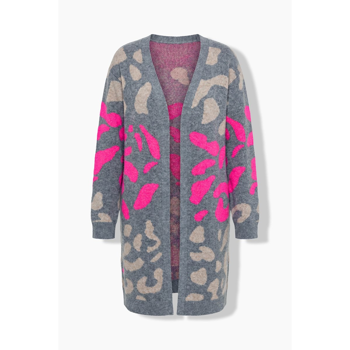 Cardigan long, motif léopard coloré gris chiné, ULLA POPKEN
