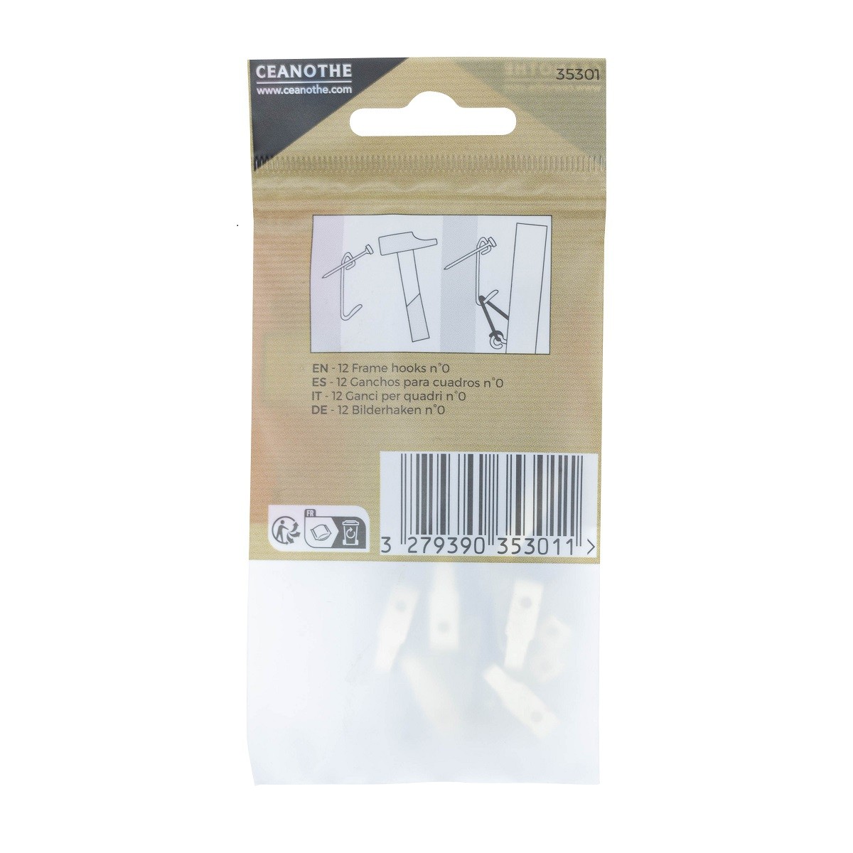 Sachet de 12 crochets laitonnés à tableau n°0 pour 4 Kg doré, CEANOTHE