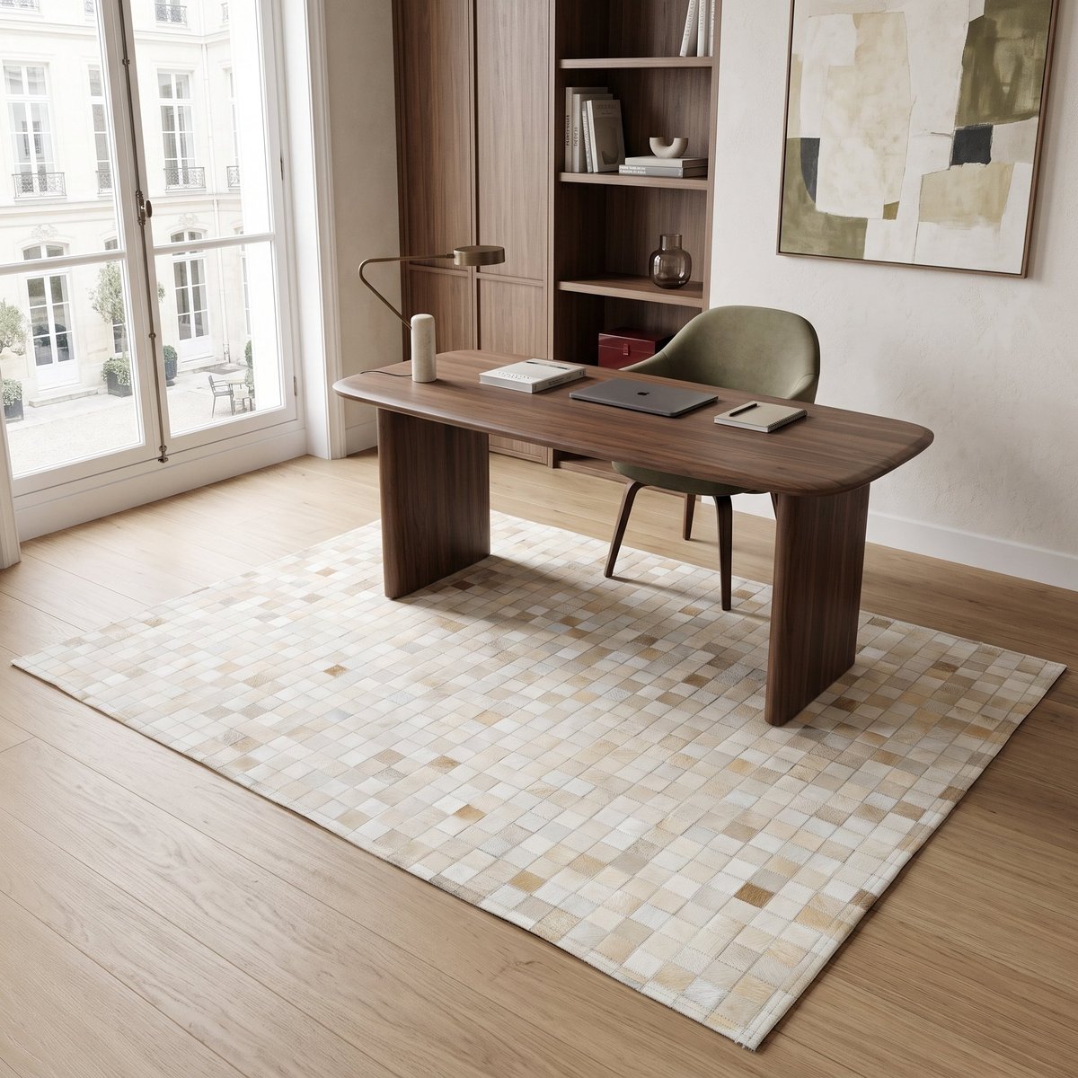 Tapis en cuir  recyclé mosaïque  CUIR MOZAIQUE beige, THE DECO FACTORY