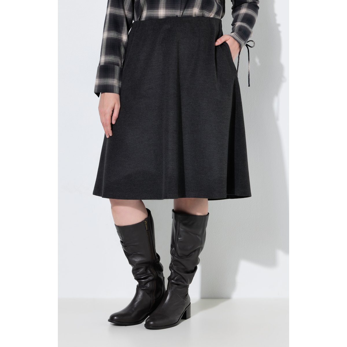 Jupe midi en laine mélangée gris noir, ULLA POPKEN