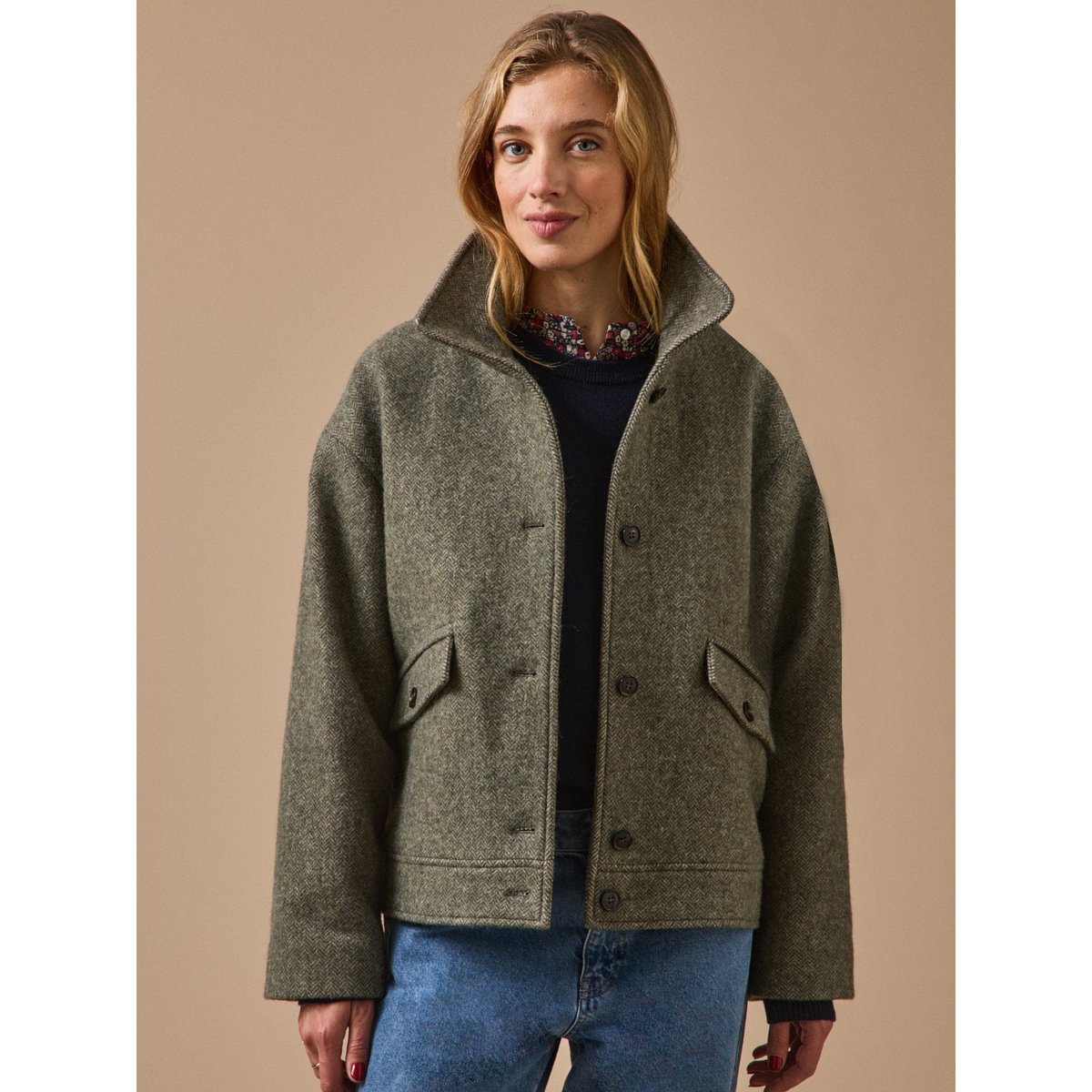 Manteau court lainage chevrons kaki, CYRILLUS