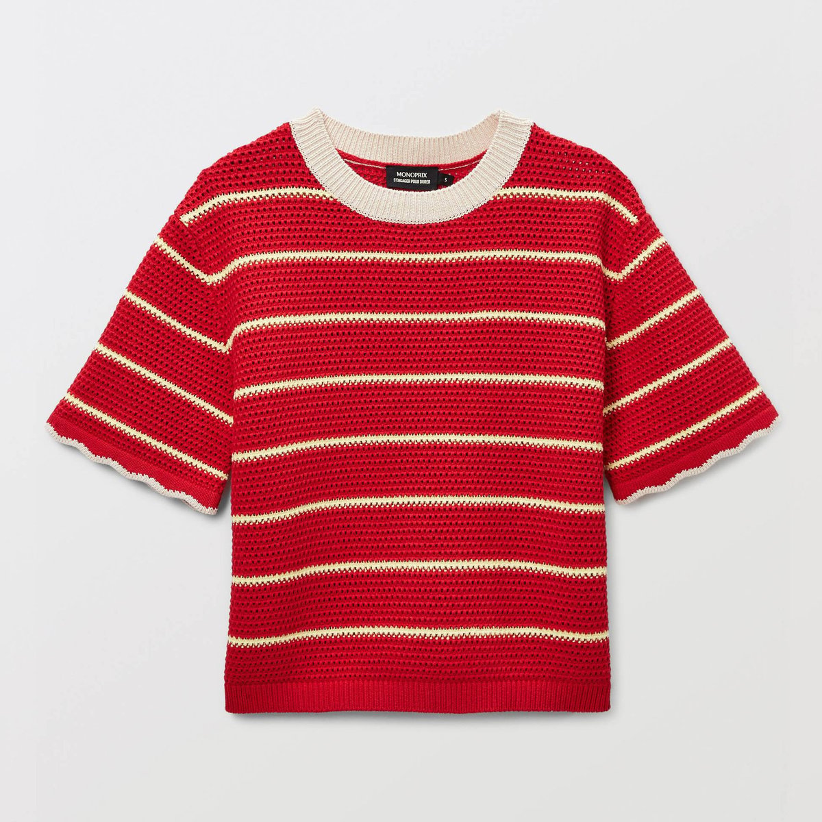 Pull manches courtes rayé en maille ajourée en coton rouge, MONOPRIX