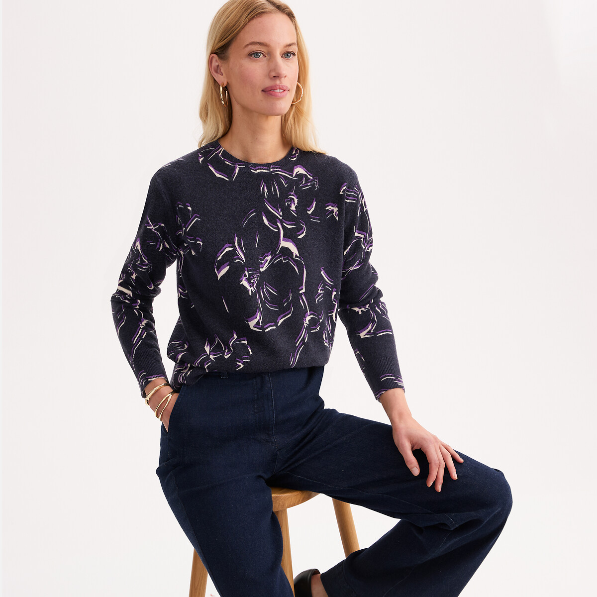 Floral Print Soft Fine Knit Crew Neck Jumper star print/navy background, ANNE WEYBURN