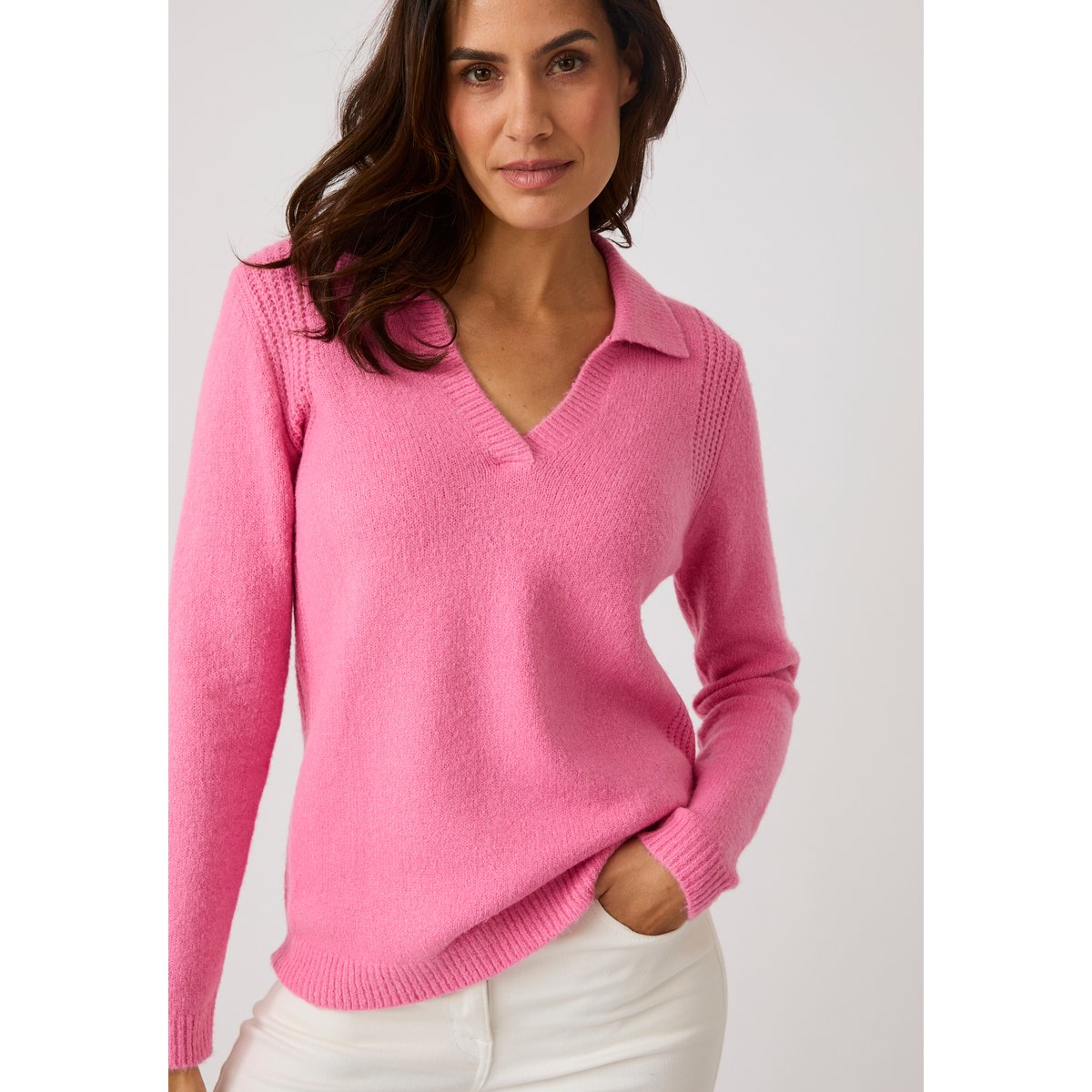 Pull col polo ouvert fantaisie côtelée rose, DAMART