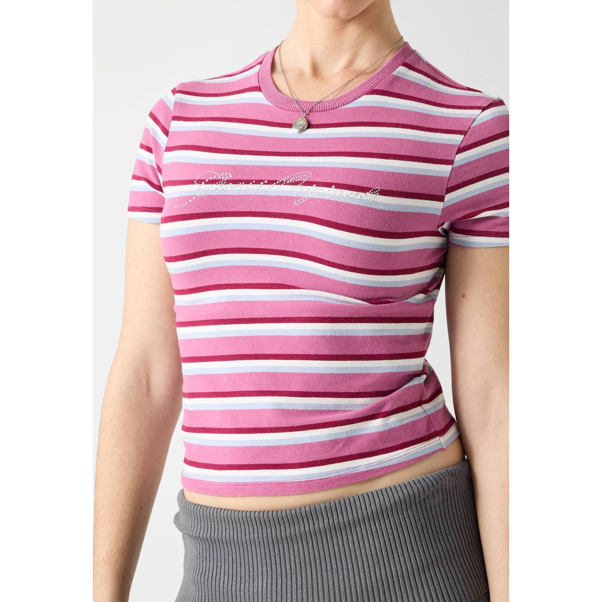 T-Shirt Court À Rayures rose multi, GUESS JEANS