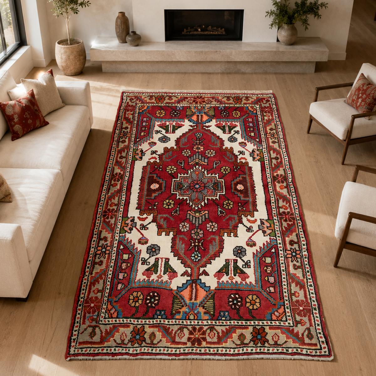 Tapis d'orient oriental, noué main en laine, HAMADAN 49 rouge, bleu, crème, UN AMOUR DE TAPIS