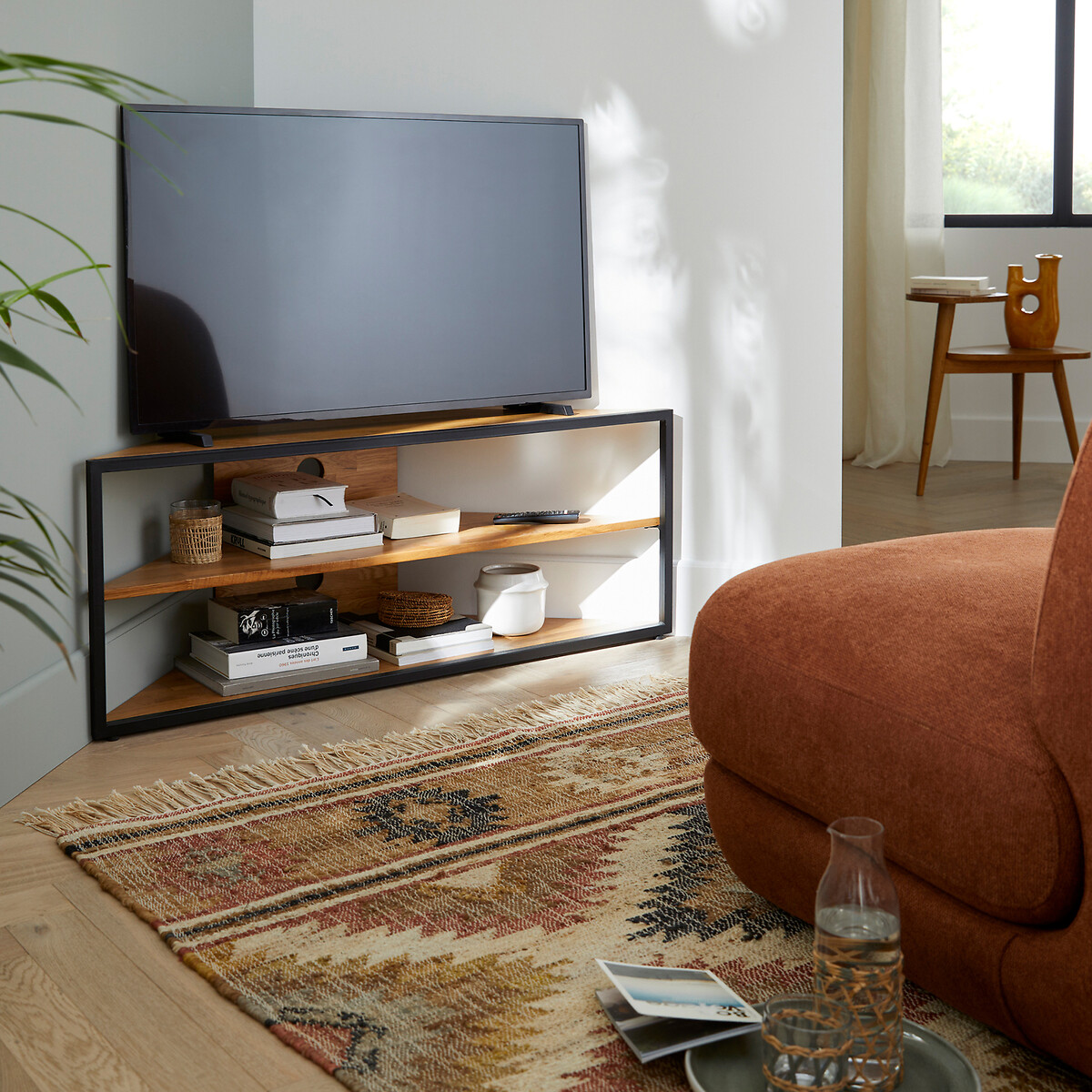 Meuble TV d’angle, en chêne massif et métal acier, HIBA chêne, LA REDOUTE INTERIEURS