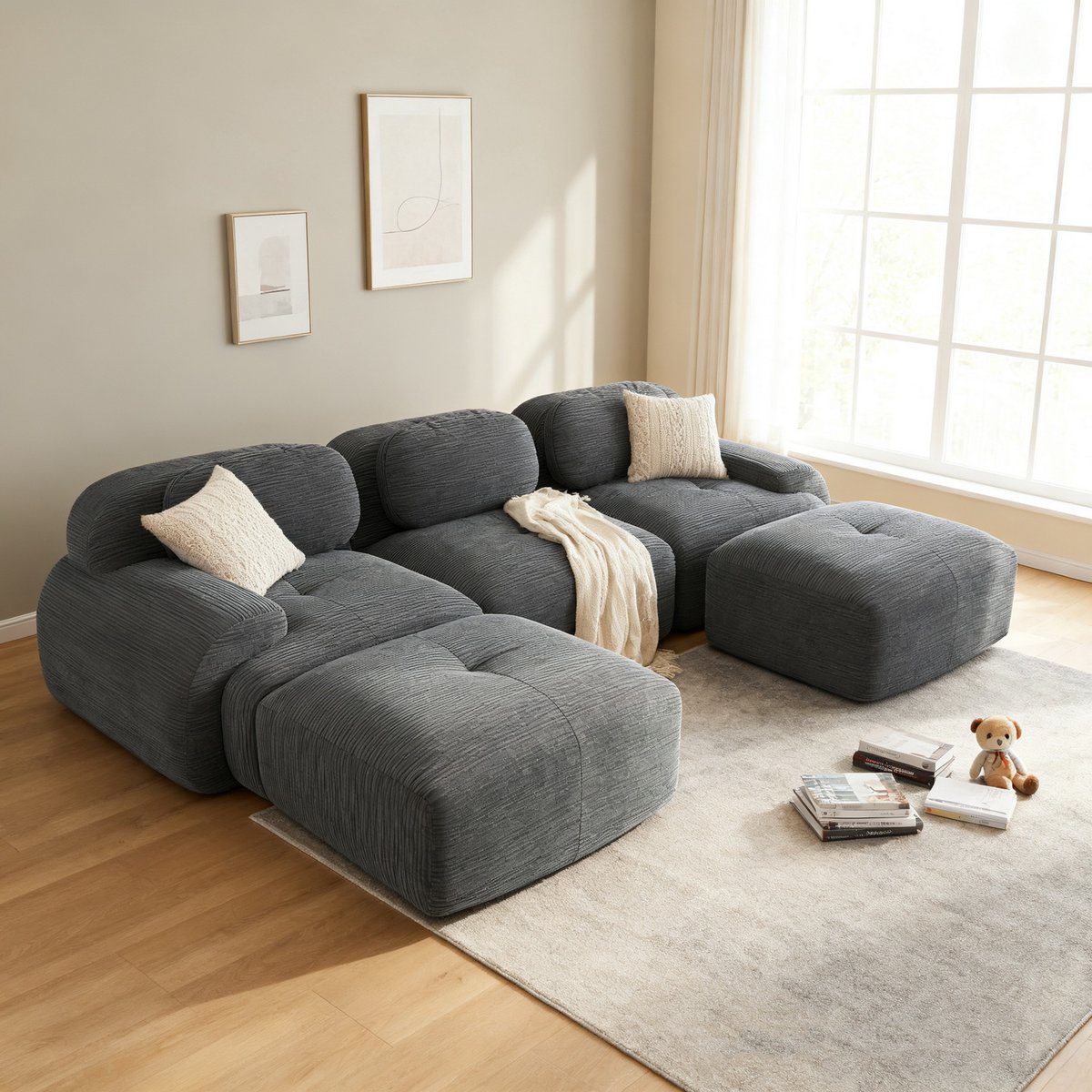 Canapé d'angle réversible 3 places avec 2 poufs en velours côtelé, SNOW gris, MEUBLES COSY