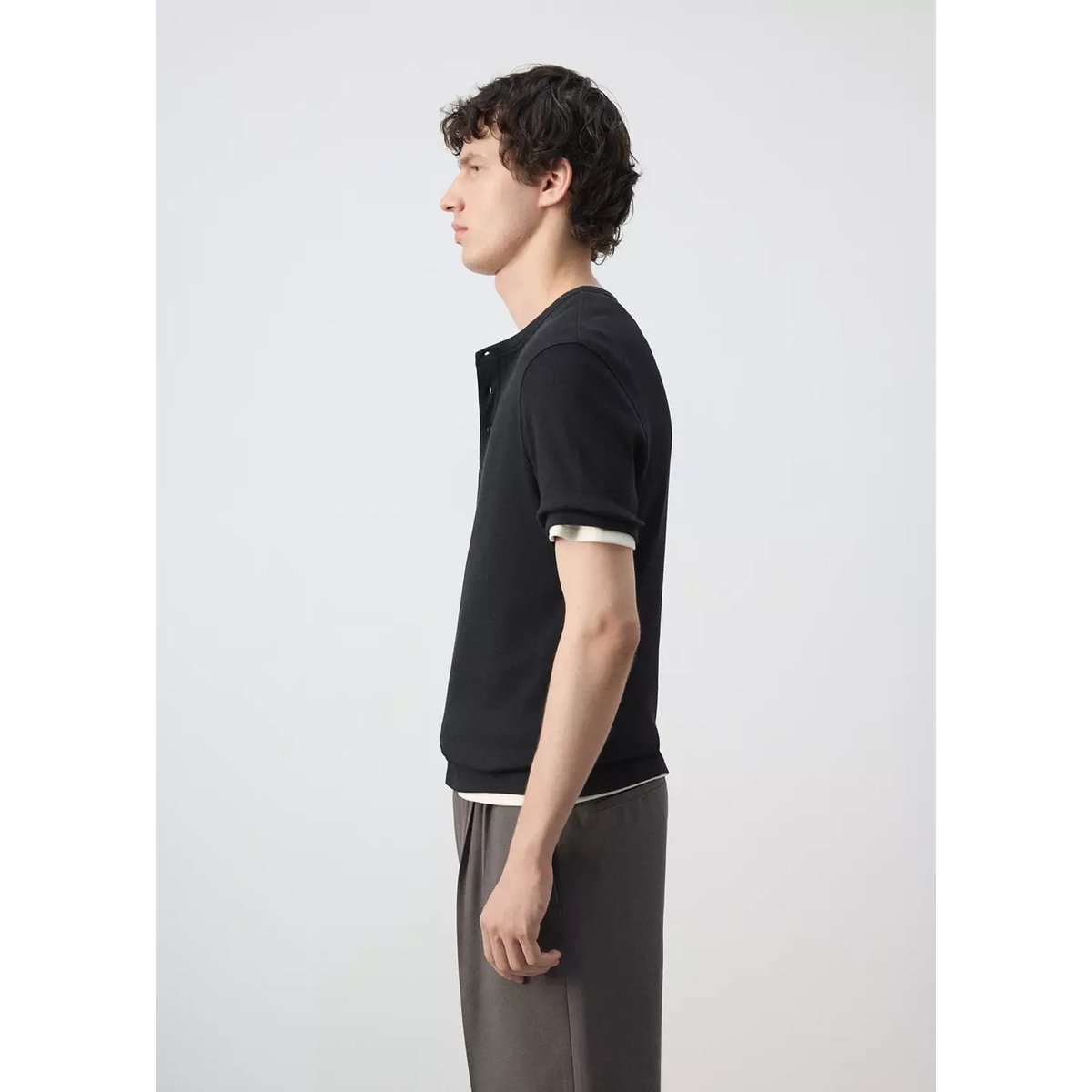 T-shirt en coton côtelé à col rond style boulanger noir, MANGO MAN