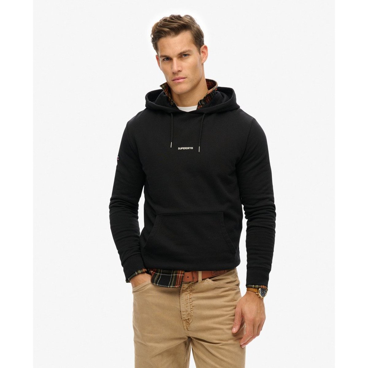 Sweat à capuche uni noir, SUPERDRY