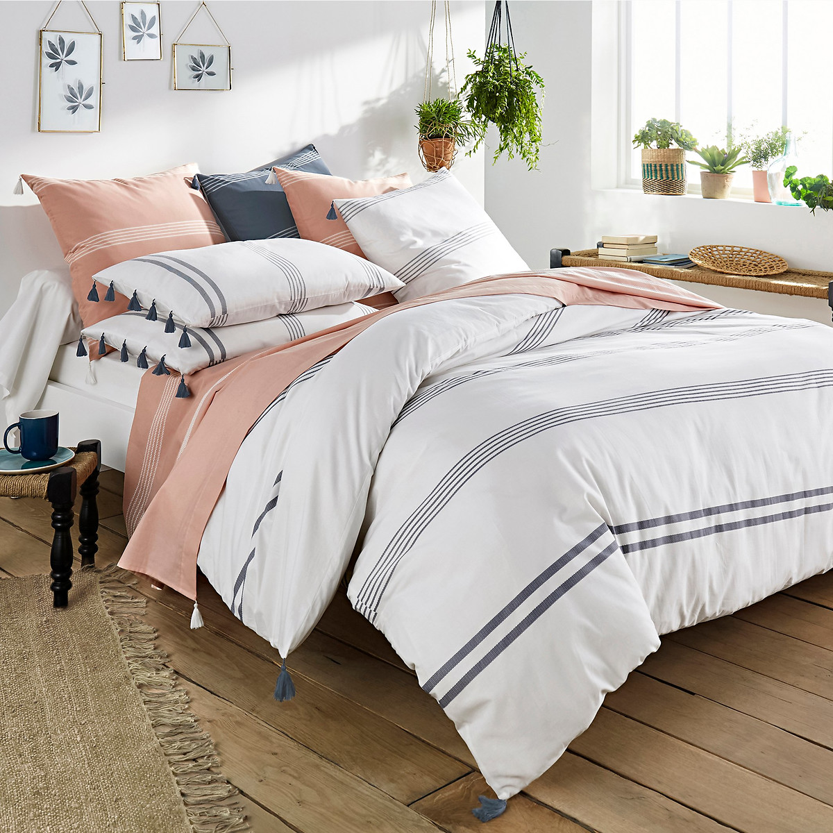 Drap housse coton, Riad blanc rayures bleues, LA REDOUTE INTERIEURS
