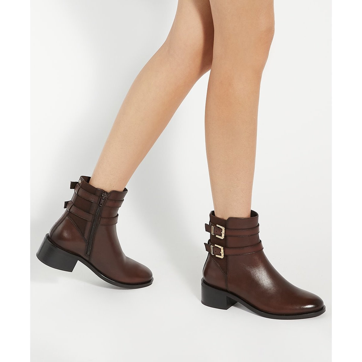 Bottines à talons carrés et double boucle en cuir - PATTER brown-leather, DUNE LONDON