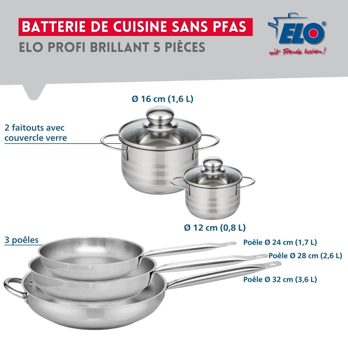 Batterie 3 poêles 24/28/32cm + 2 faitouts 12/16cm PROFI BRILLANT gris, ELO