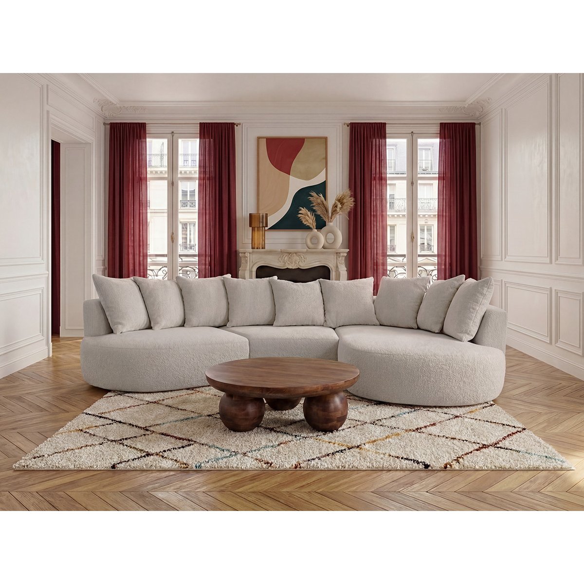 Canapé d'angle fixe 6 places en tissu bouclette, CALYPSO blanc, BOBOCHIC