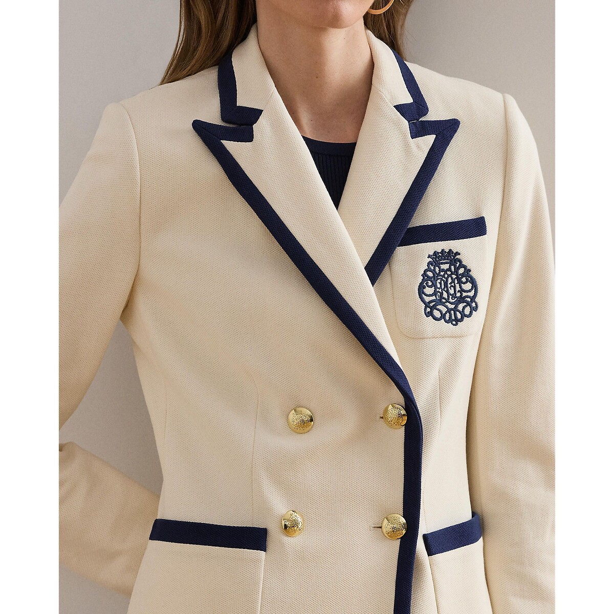 Giacca blazer con stemma ricamato ecru / navy, LAUREN RALPH LAUREN