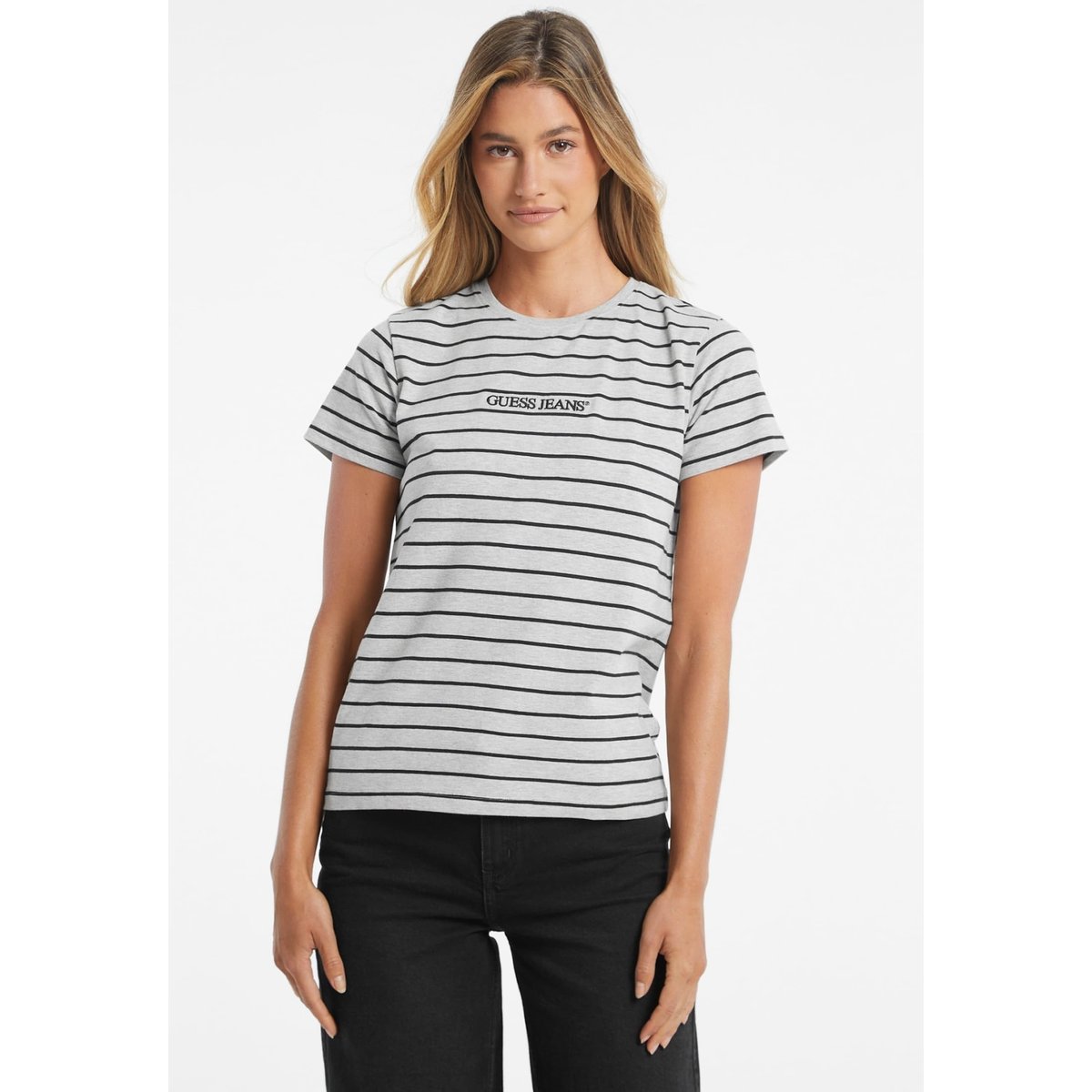 T-Shirt Classique Rayé Logo Brodé bleu, GUESS