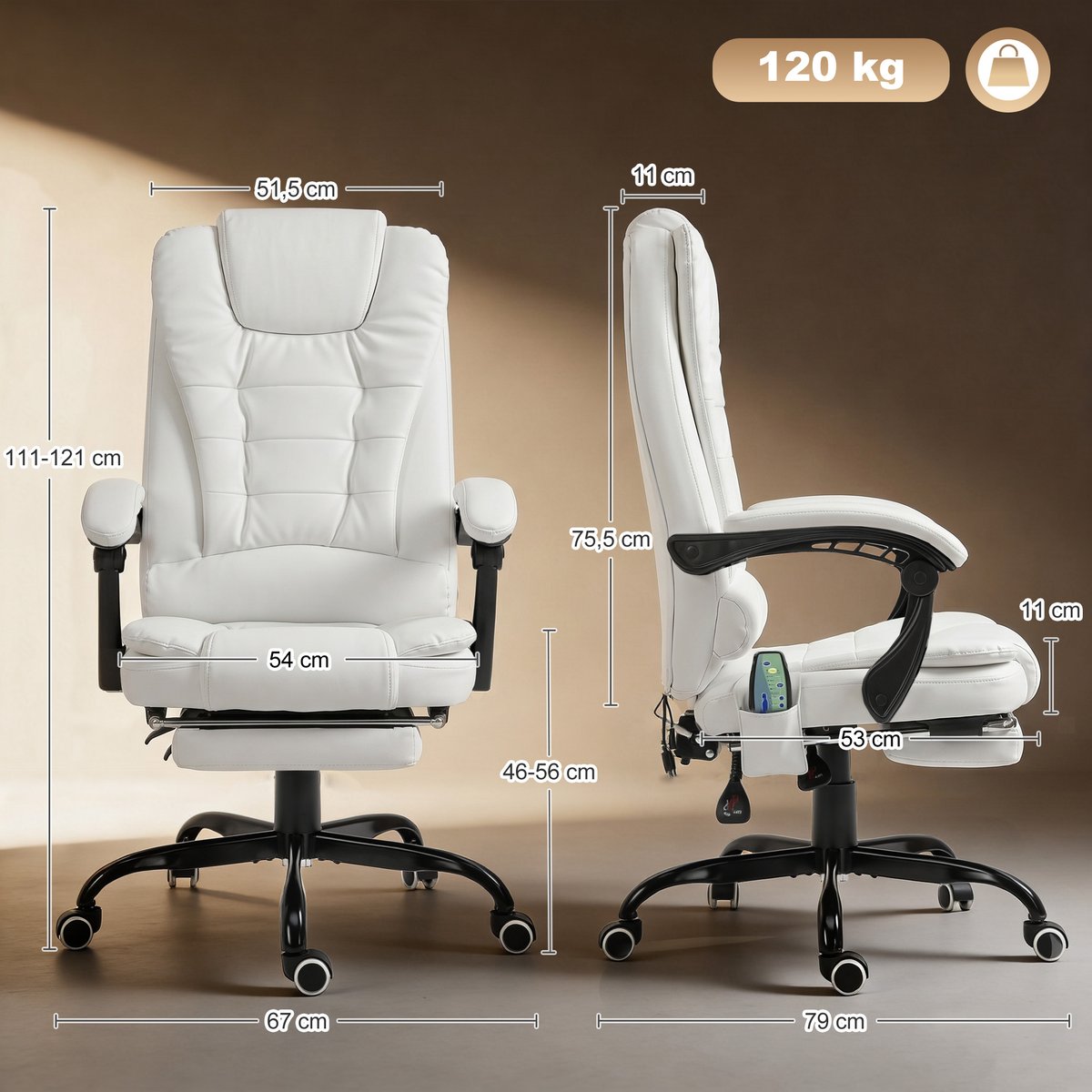 Fauteuil de bureau avec fonction massage blanc, HOMCOM