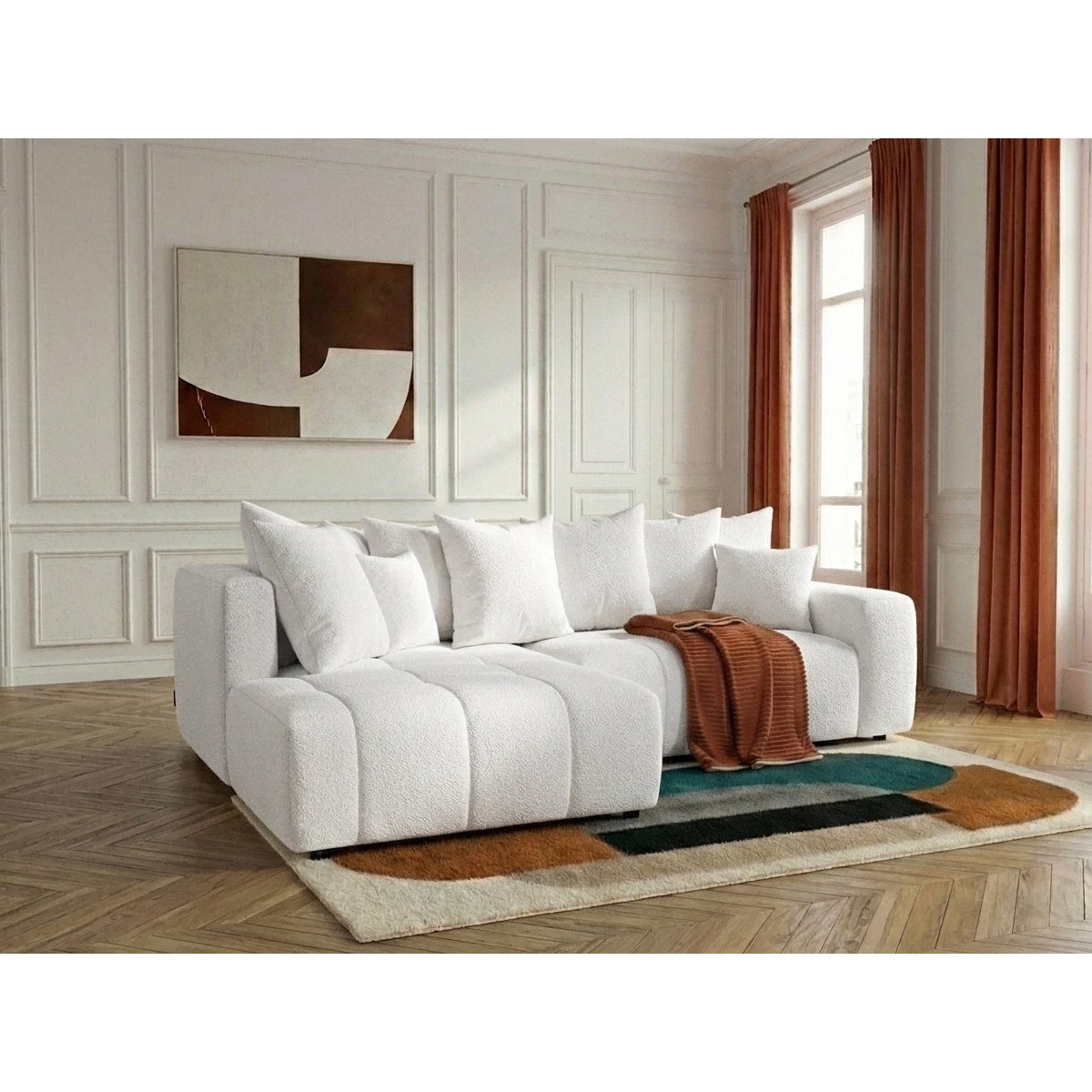 Canapé d'angle convertible 4 places en tissu bouclette, ROXELANE blanc, BOBOCHIC
