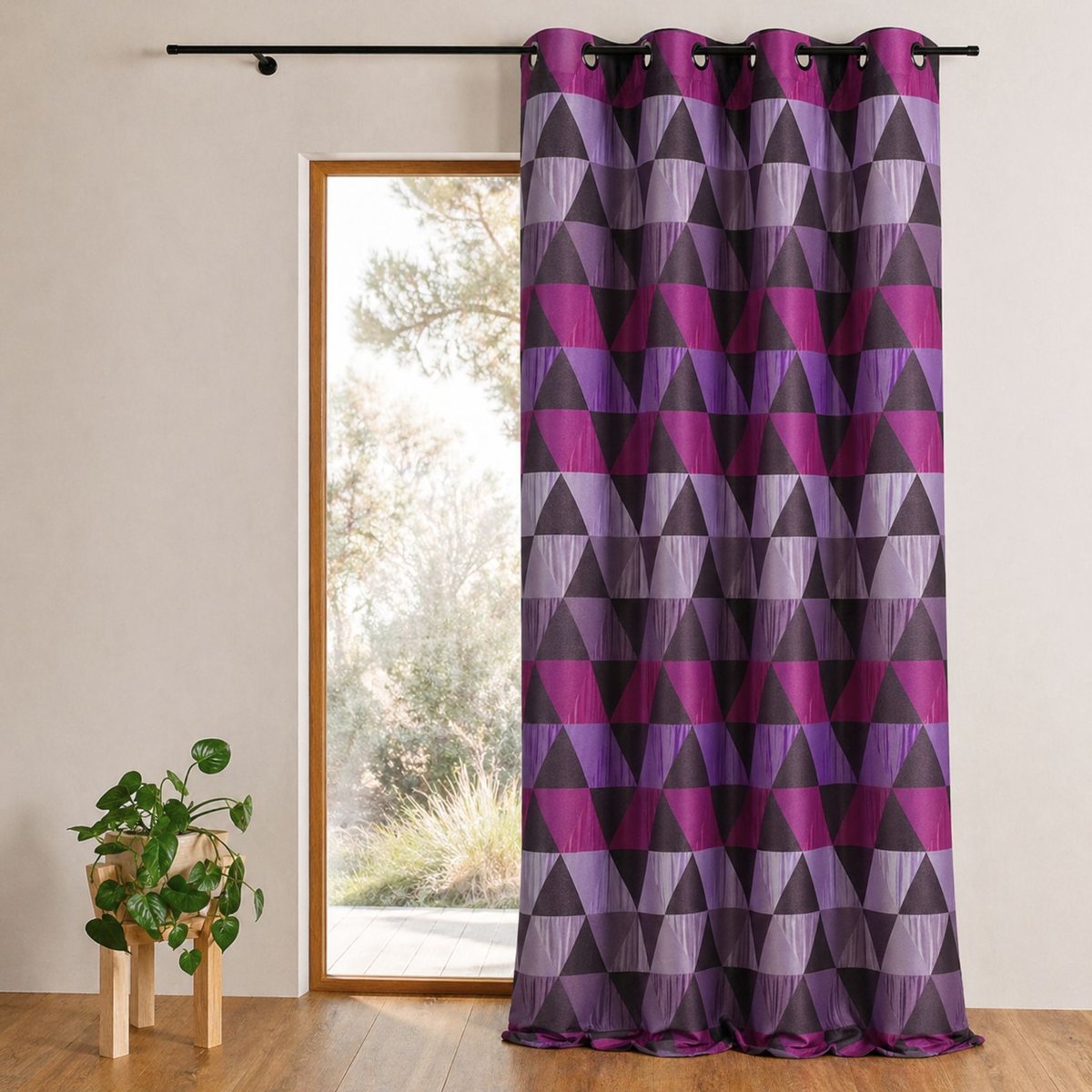 Rideau jacquard motif triangles prune, HOME MAISON