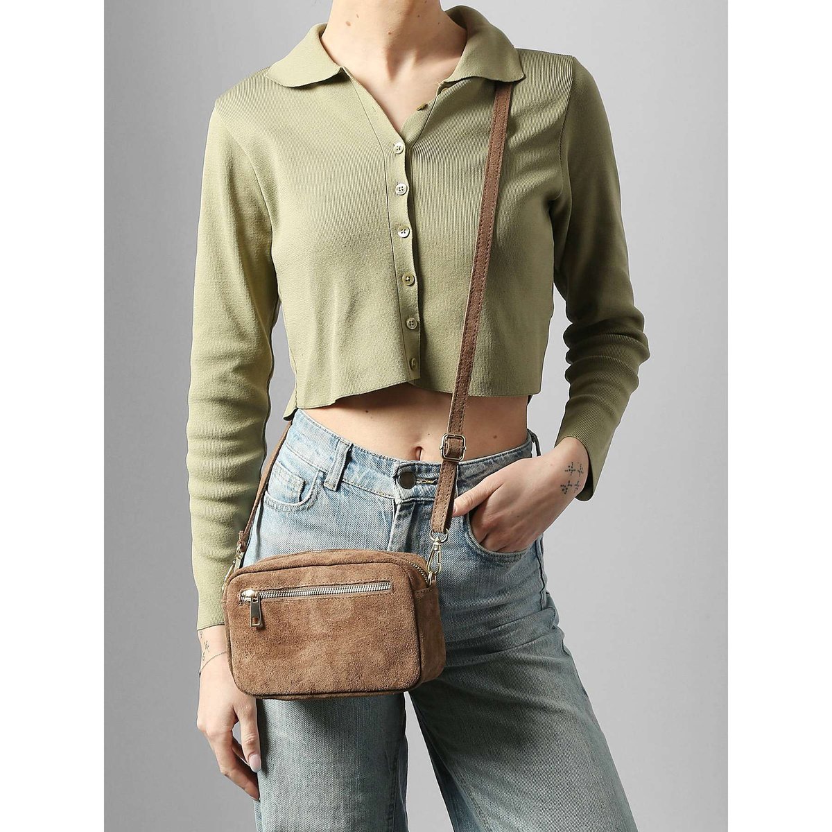 Sac bandoulière Velvet cuir taupe, MILANO