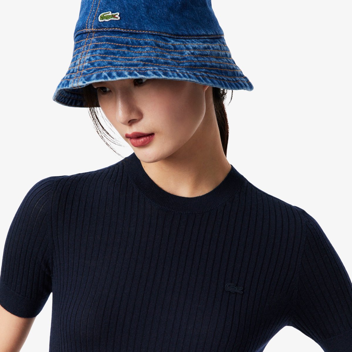Pull manches courtes côtelé laine mérinos bleu-166, LACOSTE