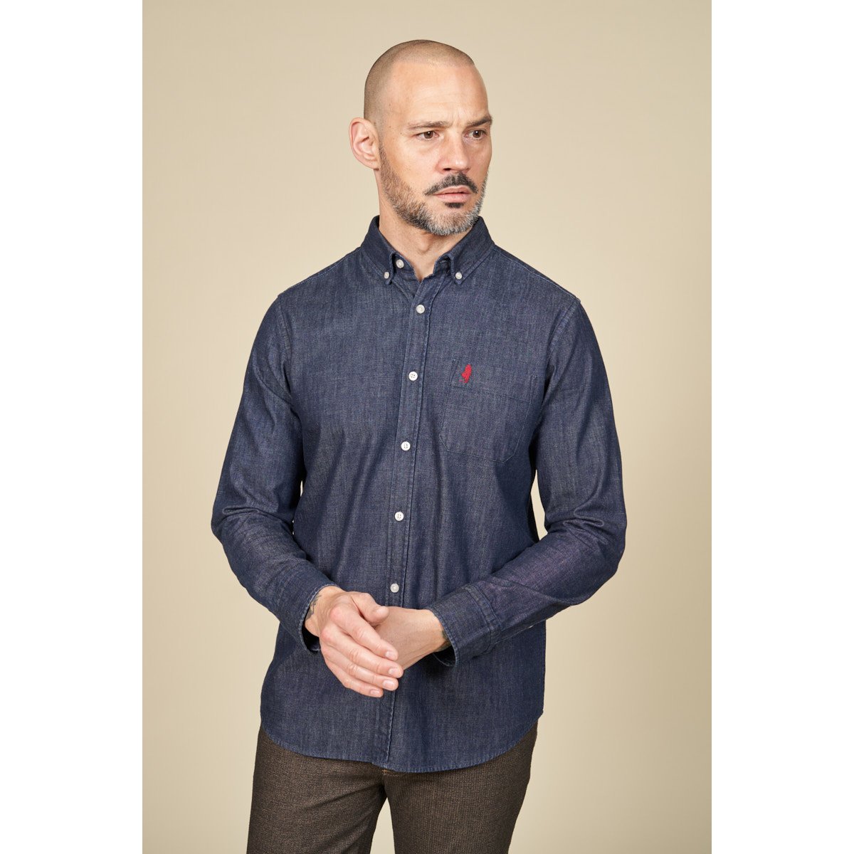 Chemise denim col boutonné bleu marine, MCS