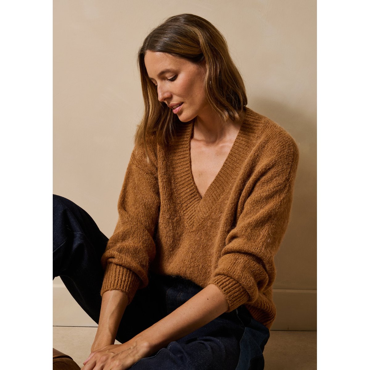 Pull court manches longues col v cognac, LA FEE MARABOUTEE