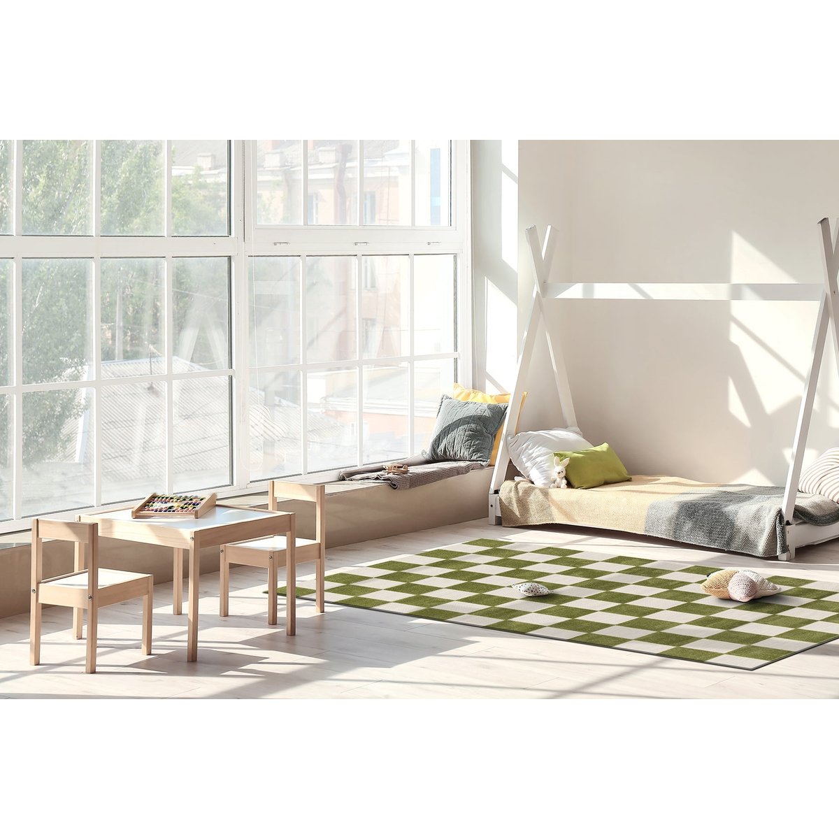 Tapis enfant avec effet sculpté PETITS CARREAUX vert naturel, AFK LIVING