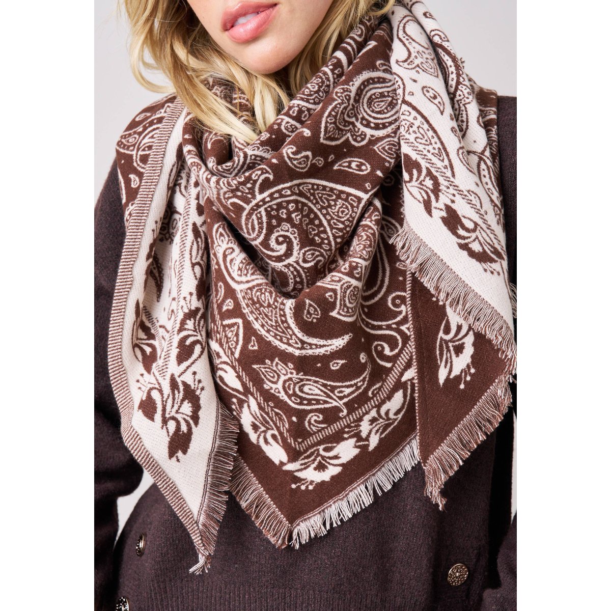 Foulard femme avec franges imprimé SYBILLE light brown, DEELUXE