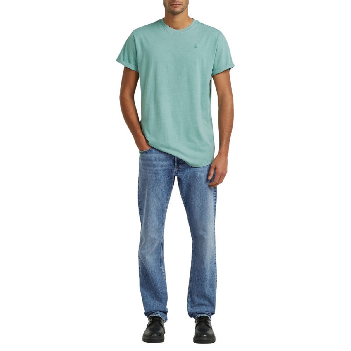 T-shirt en coton biologique vert d'eau uni avec un logo sur le coeur bleu, G-Star RAW